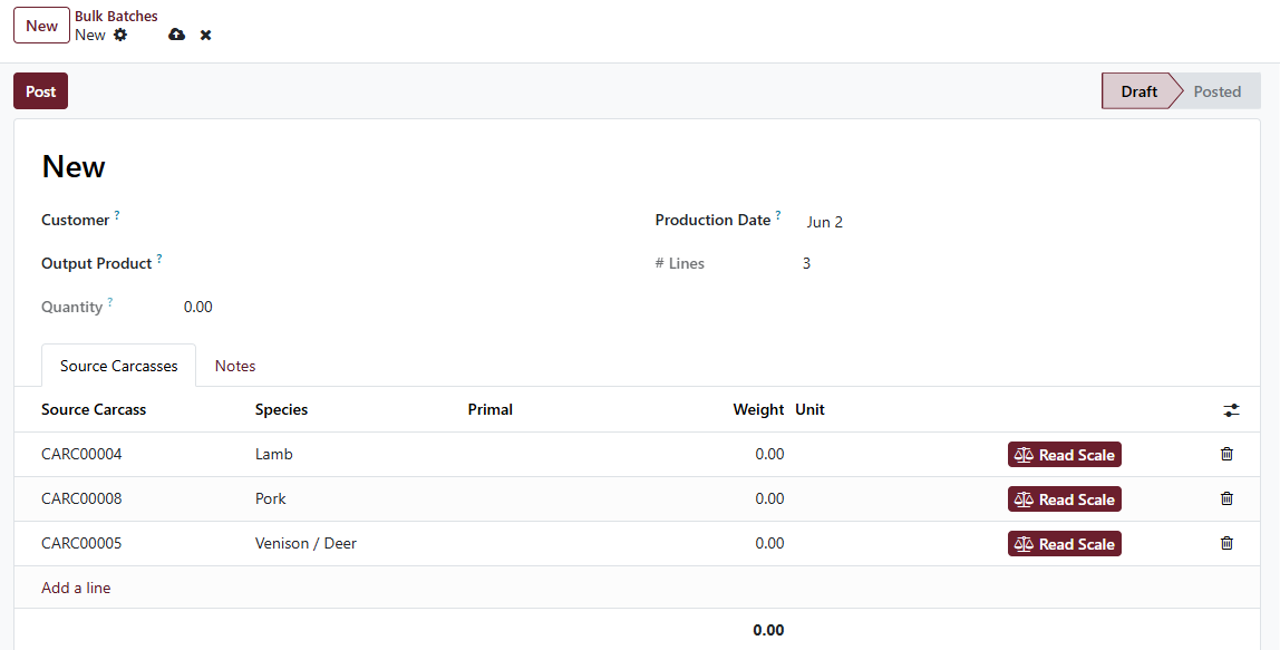 Bulk batch form with source-carcass lines