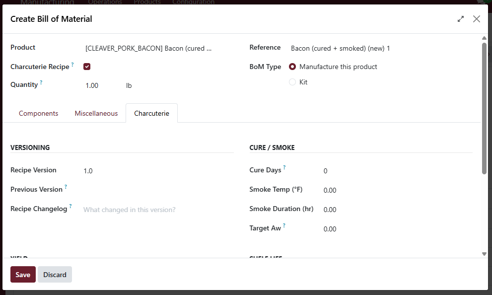 Charcuterie BoM with cure schedule