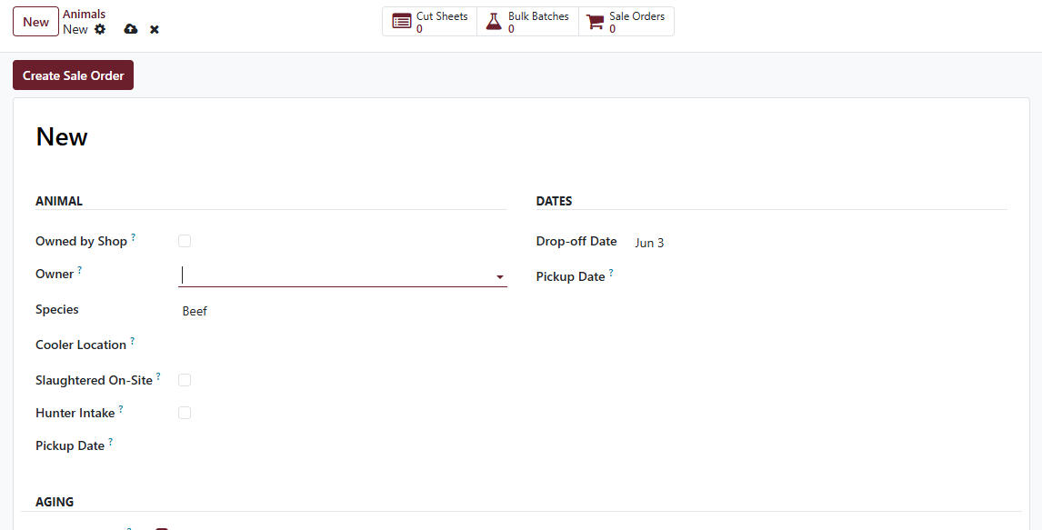 Carcass form Create Sale Order button